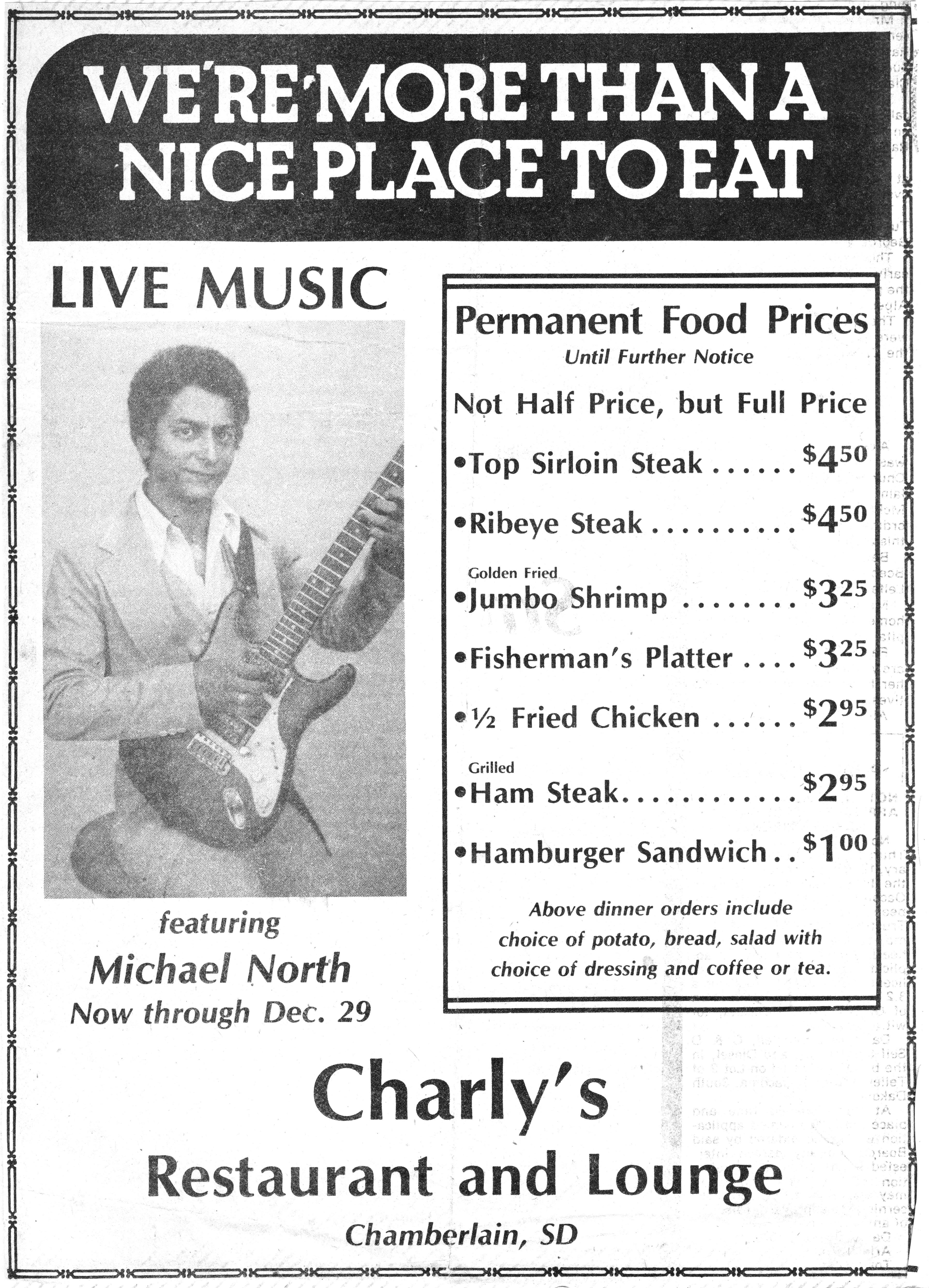 News Paper ad for Michael North at Charly's Restaurant in Chamberlain, SD